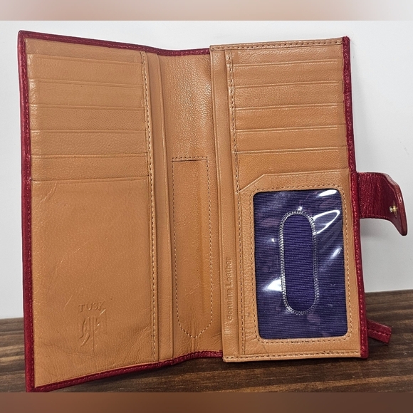 Tusk Classic Long Slim Red Leather Bifold Wallet Purple Tan Interior Credit Card - Picture 10 of 16